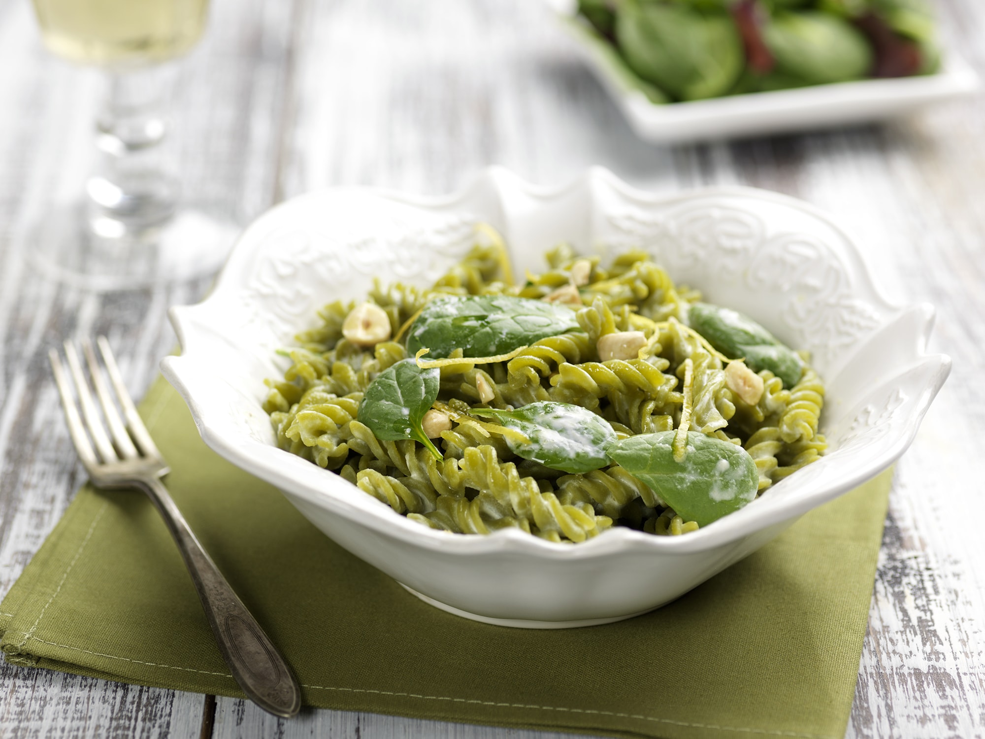 Green pea fusilli with robiola cheese and lemon